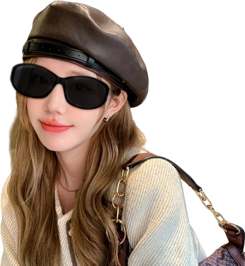 MINGSEECESS Women PU Leather French Black Beret Hat Causal Beanie Hat - Image 3